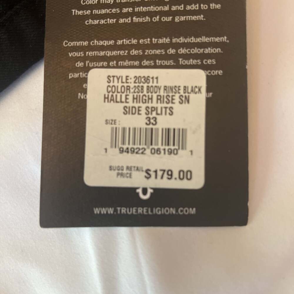 New True Religion Halle High Rise SN Side Splits Jeans Black Size 33